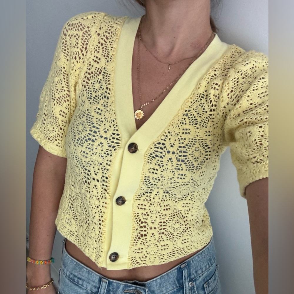 Yellow Crochet Button-Up Cardigan